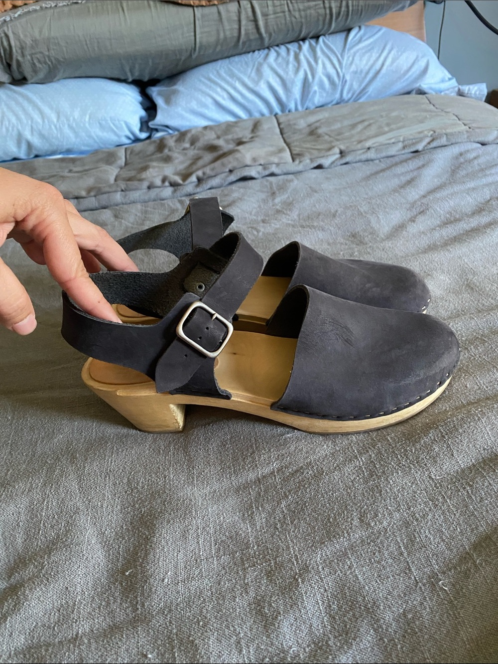 Bryr Black Nubuck Slingback Clogs with Wood Heel